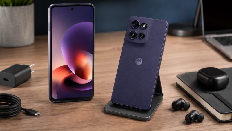 Motorola Moto G Power telefon na postolju uz bežične slušalice, spreman za slušanje muzike i podkasta.