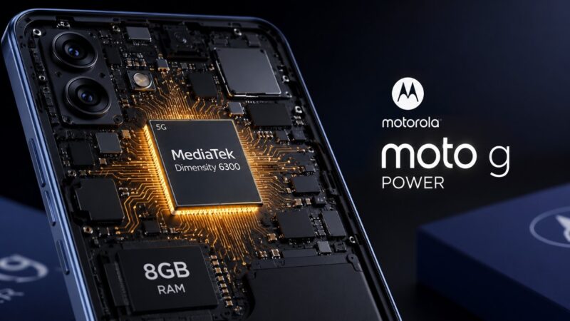Prikaz unutrašnjosti Motorola Moto G Power telefona sa MediaTek Dimensity 6300 čipsetom i 8 GB RAM memorije.
